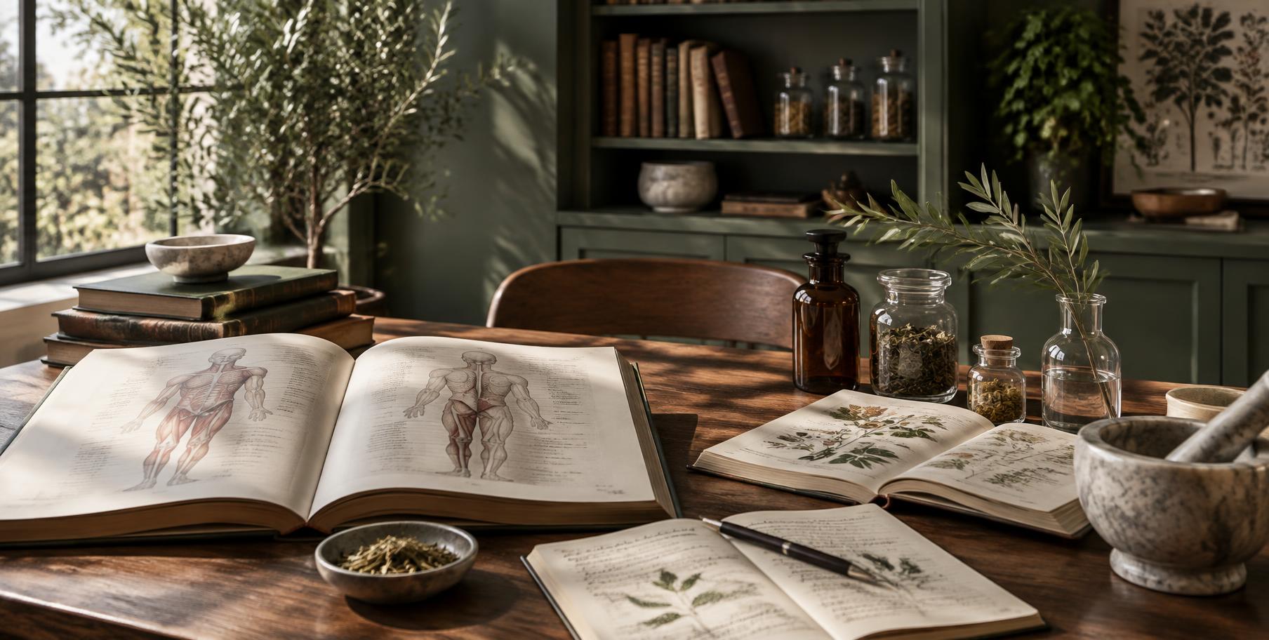 Mesa de estudos com livros de anatomia e botânica